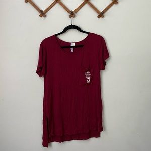 Red “Coffee Please” embroidered pocket tee L